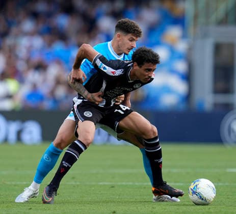 Giovanni Di Lorenzo (SSC Napoli) and Arthur Atta (Udinese Calcio) battle for the ball, , SSC Napoli v Udinese Calcio, Diego Maradona Stadium, May 24, 2026, Napoli, Italy.