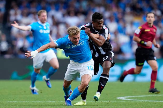 Rasmus Hojlund (SSC Napoli) and Christian Kabasele (Udinese Calcio) battle for the ball, , SSC Napoli v Udinese Calcio, Diego Maradona Stadium, May 24, 2026, Napoli, Italy.