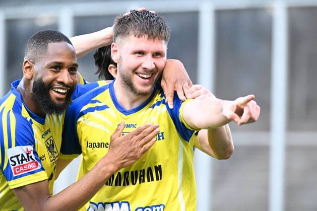 STVV s Ryan Merlen celebrates after scoring during a soccer match between Sint-Truiden VV and KV Mechelen, Sunday 24 May 2026 in Sint-Truiden, on the last day of the Champion s Play-offs of the 2025-2026 Jupiler Pro League first division of the Belgian championship. JILLxDELSAUX  x174944757x