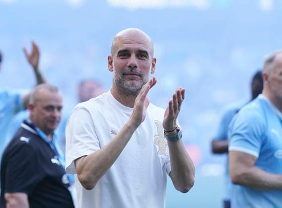 Manchester, England, 24th May 2026. Pep Guardiola coach of Manchester City claps the fans during the Manchester City vs Aston Villa Premier League match at the Etihad Stadium, Manchester. Picture credit should read: Andrew Yates Sportimage EDITORIAL USE ONLY. No use with unauthorised audio, video, data, fixture lists, club league logos or live services. Online in-match use limited to 120 images, no video emulation. No use in betting, games or single club league player publications. SPI_090_AY_Man_City_Villa SPI-4819-0095