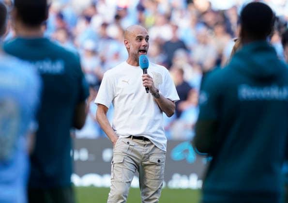 Manchester, England, 24th May 2026. Pep Guardiola coach of Manchester City talks to the fans at the end of his last match as manager during the Manchester City vs Aston Villa Premier League match at the Etihad Stadium, Manchester. Picture credit should read: Andrew Yates Sportimage EDITORIAL USE ONLY. No use with unauthorised audio, video, data, fixture lists, club league logos or live services. Online in-match use limited to 120 images, no video emulation. No use in betting, games or single club league player publications. SPI_092_AY_Man_City_Villa SPI-4819-0097