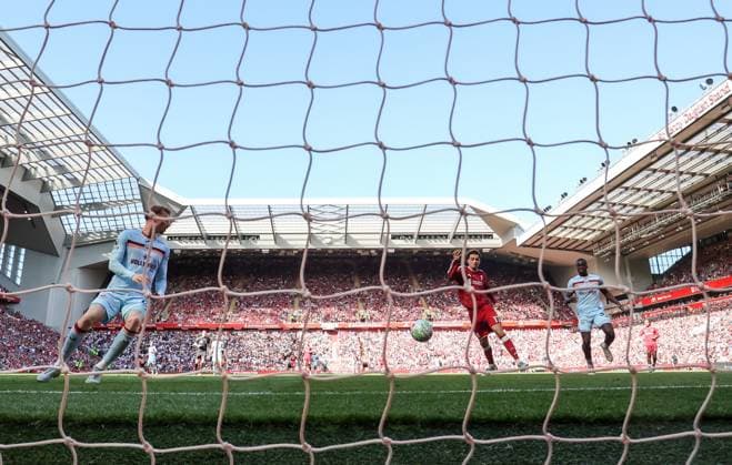 Liverpool s Curtis Jones scores the opening goal Liverpool v Brentford, Premier League, Football, Anfield, Liverpool, UK - 24 May 2026Liverpool Anfield United Kingdom EDITORIAL USE ONLY No use with unauthorised audio, video, data, fixture lists, club league logos or live services. Online in-match use limited to 120 images, no video emulation. No use in betting, games or single club league player publications.  Copyright: xAlexxDodd Shutterstockx 16889846bt