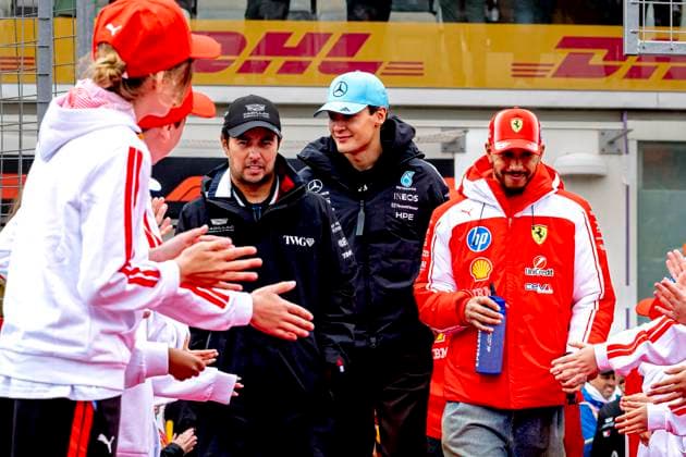 MONTREAL Formula 1 driver Sergio Pï¿½rez of Cadillac Formula 1 Team, Formula 1 driver Lewis Hamilton of Scuderia Ferrari HP during the Formula 1 Canada at the Circuit Gilles Villeneuve on May 24, 2026 in Montreal, Canada Photo by DeFodi Images