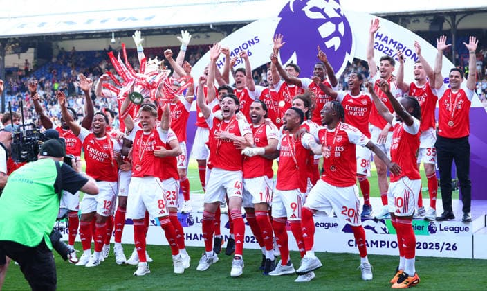 London, England, 24th May 2026. Martin Odegaard of Arsenal lifts the Premier League trophy during the Crystal Palace vs Arsenal Premier League match at Selhurst Park, London. Picture credit should read: Paul Terry Sportimage EDITORIAL USE ONLY. No use with unauthorised audio, video, data, fixture lists, club league logos or live services. Online in-match use limited to 120 images, no video emulation. No use in betting, games or single club league player publications. SPI_074_PT_Palace_Arsenal SPI-4818-0075