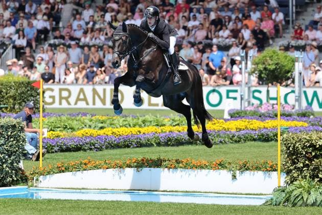 Marcus Ehning GER with horse Coolio 42 at the moat, Rolex Grand Slam of Show Jumping, jumping competition with two rounds and jump-off, World Equestrian Festival, TSCHIO Aachen 2026, TSCHIO instead of CHIO 2026, Aachener Soers, 22 to 24 May 2026, equestrian sport, 24 May 2026, Aachener Soers Germany