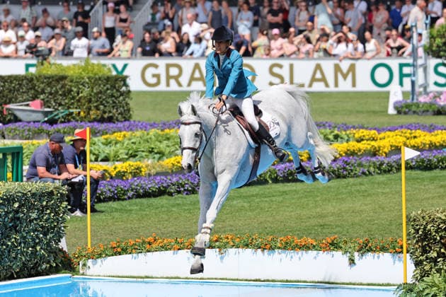 Lucianna Diniz BRA with horse Vertigo du Desert at the moat, Rolex Grand Slam of Show Jumping, show jumping competition with two rounds and jump-off, World Equestrian Festival, TSCHIO Aachen 2026, TSCHIO instead of CHIO 2026, Aachener Soers, May 22 to 24, 2026, equestrian sport, May 24, 2026, Aachener Soers Germany