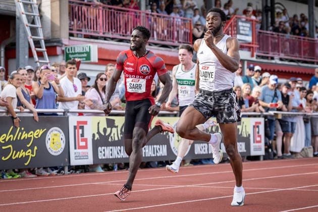REHLINGEN , GERMANY - MAY 24: Fola Olaoye (NGR Nigeria) and Mamadou Fall Sarr (SEN Senegal) battling for the win over 100m during the 61. Internationales Pfingstsportfest on 24.05.2026 at the Bungertstadion in Rehlingen-Siersburg (Saarland Deutschland). Saarland Deutschland Copyright: xLeahxKohringx