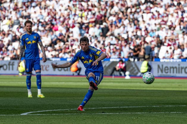 24th May 2026; London Stadium, London, England; Premier League Football, West Ham United versus Leeds United; Brenden Aaronson of Leeds United shoots at goal GodfreyxPitt