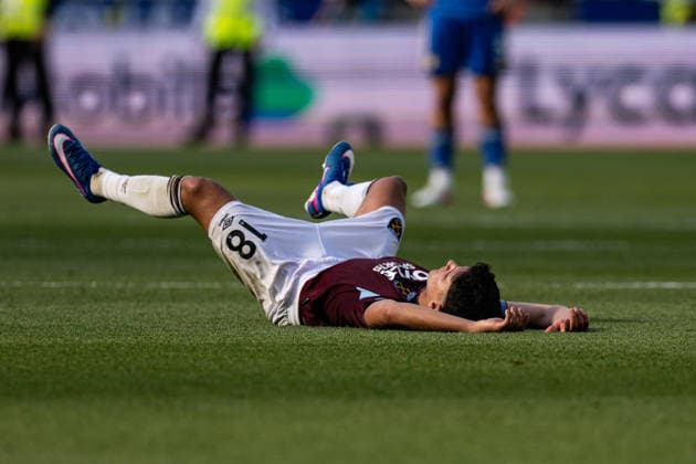 24th May 2026; London Stadium, London, England; Premier League Football, West Ham United versus Leeds United; Mateus Fernandes of West Ham falls to the ground after the final whistle GodfreyxPitt