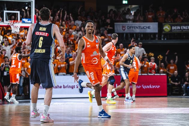 1 Basketball Bundesliga, easyCredit BBL, Season 2025 2026, Men, Playoffs, Quarterfinals, Game 4, 24 05 2026, RASTA Vechta ALBA Berlin Alonzo Verge 11 RASTA Vechta shows emotions during the game Vechta RASTA Dome Lower Saxony Germany