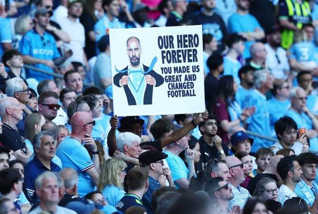 A Manchester City fan displays a sign for manager Pep Guardiola Manchester City v Aston Villa, Premier League, Football, Etihad Stadium, Manchester, UK - 24 May 2026Manchester Etihad Stadium United Kingdom EDITORIAL USE ONLY No use with unauthorised audio, video, data, fixture lists, club league logos or live services. Online in-match use limited to 120 images, no video emulation. No use in betting, games or single club league player publications.  Copyright: xMattxWest Shutterstockx 16889851ba