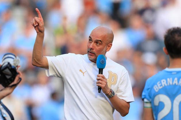 Manchester City v Aston Villa, Premier League Pep Guardiola the Manchester City manager addresses the crowd during the celebrations at the end of the Premier League match between Manchester City and Aston Villa at the Etihad Stadium, Manchester, UK on 24 May 2026. Manchester Etihad Stadium Manchester UK Editorial use only DataCo restrictions apply See www.football-dataco.com , Copyright: xConorxMolloyx PSI-24291-0071