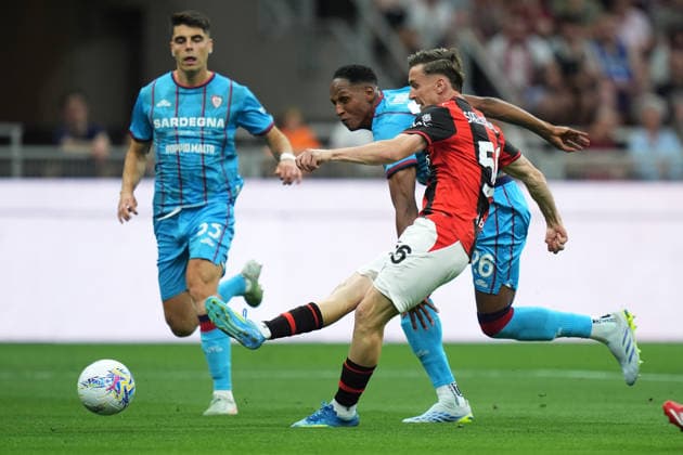 AC Milan s Alexis Saelemaekers scores 1-0 during the Serie A soccer match between Milan and Cagliari at the San Siro Stadium in Milan , north Italy - Saturday , May 24 , 2026. - Soccer .  Copyright: xSpada LaPressex