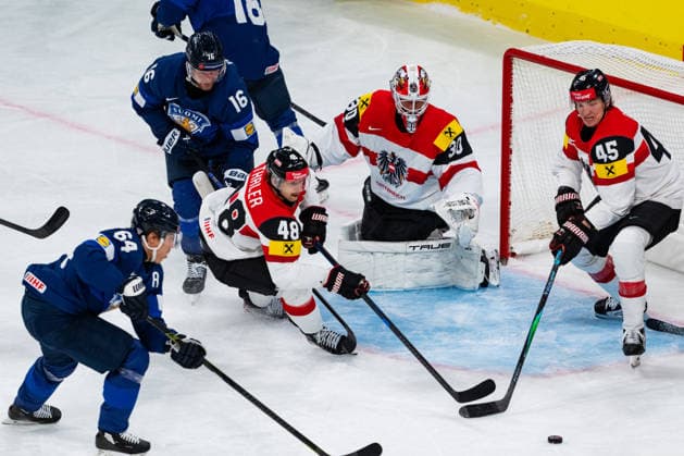 ZURICH, SWITZERLAND - MAY 24: scene in front of the Austrian goal of Davis Kickert (Austria, 30) during the Preliminary Round - Group A Match 45 between Finland and Austria at the IIHF Ice hockey, Eishockey World Championship, WM, Weltmeisterschaft 2026, Swiss Life Arena on May 24, 2026 in Zurich, Switzerland. Zurich Switzerland Copyright: xTimoxSteinx