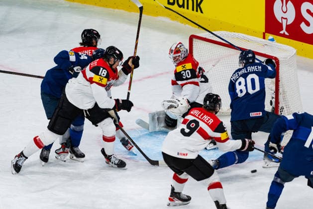 ZURICH, SWITZERLAND - MAY 24: Scene in front of the Austrian goal during the Preliminary Round - Group A Match 45 between Finland and Austria at the IIHF Ice hockey, Eishockey World Championship, WM, Weltmeisterschaft 2026, Swiss Life Arena on May 24, 2026 in Zurich, Switzerland. Zurich Switzerland Copyright: xTimoxSteinx