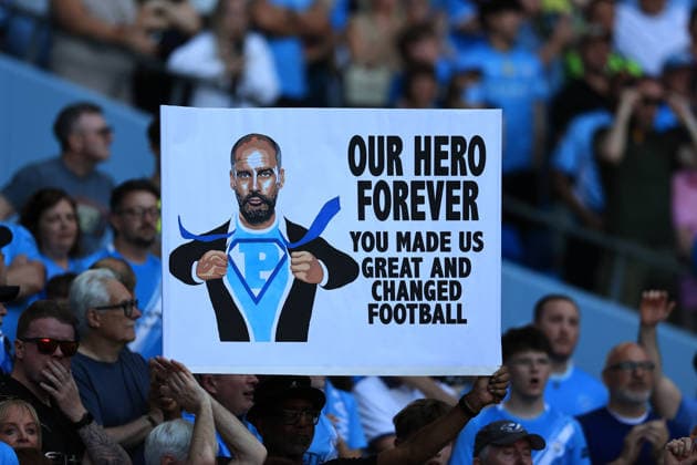 24th May 2026; Etihad Stadium, Manchester, Lancashire, England; Premier League Football, Manchester City versus Aston Villa; supporters hold up a banner celebrating Manchester City manager Pep Guardiola& x2019;s ten years at the club DavidxBlunsden