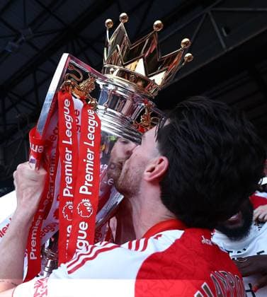 Declan Rice of Arsenal celebrates with the Premier League trophy Crystal Palace v Arsenal, Premier League, Football, Selhurst Park, London, UK - 24 May 2026London Selhurst Park United Kingdom EDITORIAL USE ONLY No use with unauthorised audio, video, data, fixture lists, club league logos or live services. Online in-match use limited to 120 images, no video emulation. No use in betting, games or single club league player publications.  Copyright: xMichaelxZemanek Shutterstockx 16889837bn