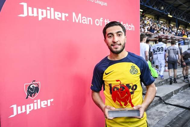 Union s Anouar Ait El Hadj receives the Jupiler Man of the Match award at a soccer match between Royale Union Saint-Gilloise and RSC Anderlecht, Sunday 24 May 2026 in Brussels, on the last day of the Champion s Play-offs of the 2025-2026 Jupiler Pro League first division of the Belgian championship. TOM GOYVAERTS TomxGoyvaerts  x174949792x
