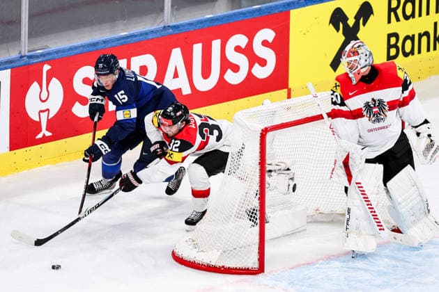 Ice hockey, Eishockey - IIHF WC 2026 ZURICH,SWITZERLAND,24.MAY.26 - ICE HOCKEY - IIHF Ice Hockey World Championship, WM, Weltmeisterschaft 2026, group stage, Austria vs Finland. Image shows Anton Lundell (FIN) and David Maier (AUT).  GEPAxpictures xMaticxKlansek