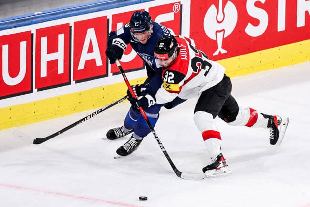 Ice hockey, Eishockey - IIHF WC 2026 ZURICH,SWITZERLAND,24.MAY.26 - ICE HOCKEY - IIHF Ice Hockey World Championship, WM, Weltmeisterschaft 2026, group stage, Austria vs Finland. Image shows Anton Lundell (FIN) and David Maier (AUT).  GEPAxpictures xMaticxKlansek