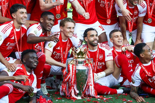 260524 Martin odegaard of Arsenal celebrates with the trophy for winning Premier League after the Premier League football match between Crystal Palace and Arsenal on May 24, 2026 in London Photo Daniel Weir BILDBYRAN COP 183 XX0039 fotboll football soccer fotball premier league crystal palace arsenal bbeng jubel  Copyright: DANIELxWEIR BB260524ZV069