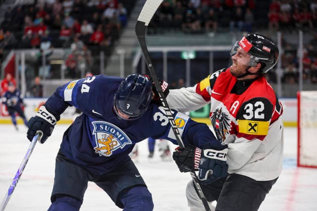 Ice hockey, Eishockey - IIHF WC 2026 ZURICH,SWITZERLAND,24.MAY.26 - ICE HOCKEY - IIHF Ice Hockey World Championship, WM, Weltmeisterschaft 2026, group stage, Austria vs Finland. Image shows Aatu Raty (FIN) and Bern Wolf (AUT).  GEPAxpictures xMaticxKlansek