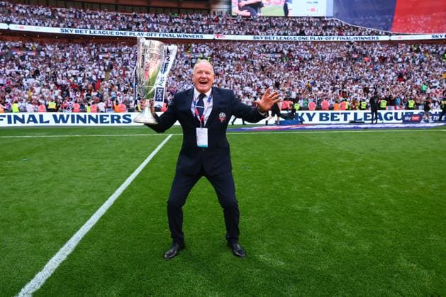 John McGinlay of Bolton Wanderers celebrates at the end of the match Bolton Wanderers v Stockport County, EFL Sky Bet League One, Play-Off Final, Football, Wembley Stadium, London, UK - 24 May 2026London Wembley Stadium United Kingdom EDITORIAL USE ONLY No use with unauthorised audio, video, data, fixture lists, club league logos or live services. Online in-match use limited to 120 images, no video emulation. No use in betting, games or single club league player publications.  Copyright: xPaulxCurrie Shutterstockx 16889803js