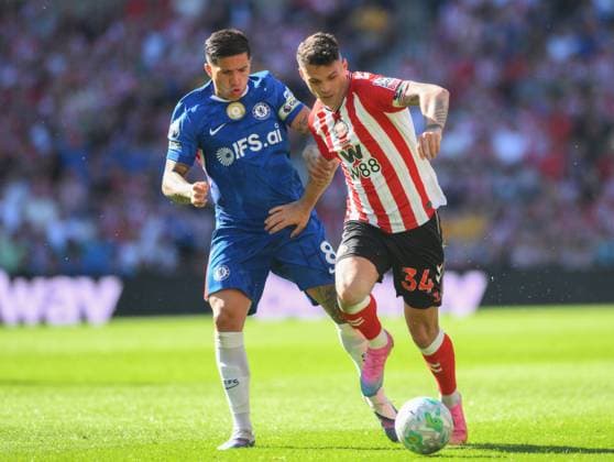 Granit Xhaka of Sunderland fends off Enzo Fernandez of Chelsea Sunderland v Chelsea, Premier League, Football, Stadium of Light, Sunderland, UK - 24 May 2026Sunderland Stadium of Light United Kingdom EDITORIAL USE ONLY No use with unauthorised audio, video, data, fixture lists, club league logos or live services. Online in-match use limited to 120 images, no video emulation. No use in betting, games or single club league player publications.  Copyright: xRichardxLee Shutterstockx 16889858at
