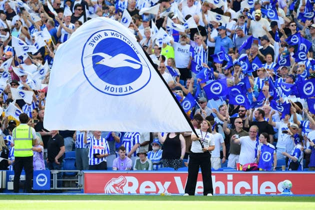 Brighton and Hove Albion v Manchester United, ManU Premier League A sea of blue and white flags by the Brighton fans during the Premier League match between Brighton and Hove Albion and Manchester United at the American Express Stadium, Brighton and Hove, UK on 24 May 2026. Brighton and Hove American Express Stadium East Sussex UK Editorial use only DataCo restrictions apply See www.football-dataco.com , Copyright: xJeffxMoodx PSI-24304-0105