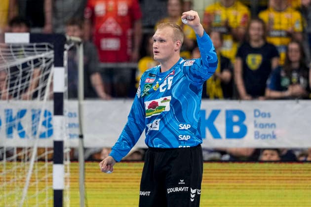David Späth Goalkeeper, RNL, 29 , single picture, single photo, action, action, cheer, cheering, celebration, joy, rejoice, rejoicing, confident, optimistic, positive, game scene, 24 05 2026, Mannheim Germany , Handball, Bundesliga, Rhein Neckar Löwen SC Magdeburg xozx