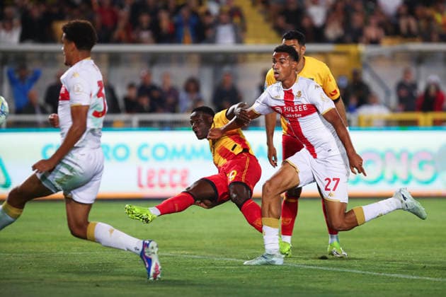 Lameck Banda of US Lecce scores the goal of 1-0 during the serie A match between US Lecce and Genoa CFC at Ettore Giardiniero - Via del Mare stadium in Lecce (Italy), May 24, 2026. massimilianoxcarnabuci