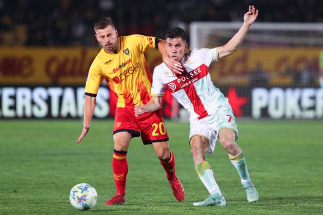 Ylber Ramadani of US Lecce and Patrizio Masini of Genoa CFC compete for the ball during the serie A match between US Lecce and Genoa CFC at Ettore Giardiniero - Via del Mare stadium in Lecce (Italy), May 24, 2026. massimilianoxcarnabuci