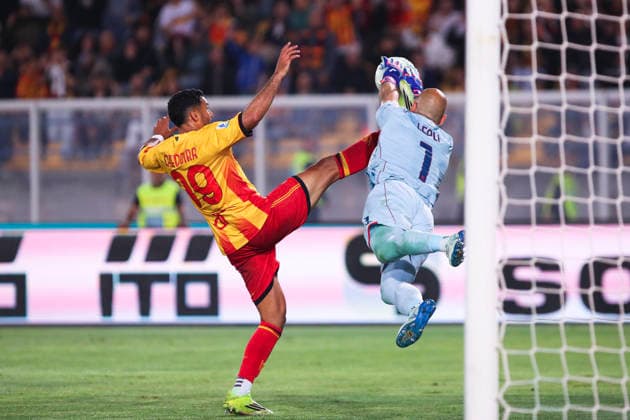 Walid Cheddira of US Lecce and Nicola Leali of Genoa CFC compete for the ball during the serie A match between US Lecce and Genoa CFC at Ettore Giardiniero - Via del Mare stadium in Lecce (Italy), May 24, 2026. massimilianoxcarnabuci