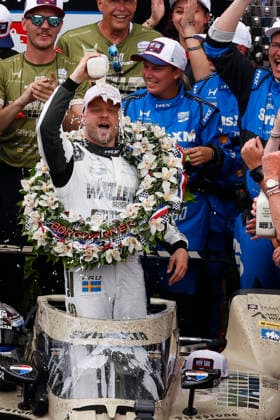 INDIANAPOLIS, IN - MAY 24: Felix Rosenqvist, Felix Rosenqvist of the 60 SiriusXM Texas A&M Honda pours the winners milk over his head to celebrate winning the NTT IndyCar, Indy Car, IRL, USA Series Indianapolis 500 presented by Gainbridge on May 24, 2026 at Indianapolis Motor Speedway at the Indianapolis, IN. (Photo by Jeffrey Brown Icon Sportswire) AUTO: MAY 24 NTT IndyCar Series Indianapolis 500 presented by Gainbridge EDITORIAL USE ONLY Icon052426008500