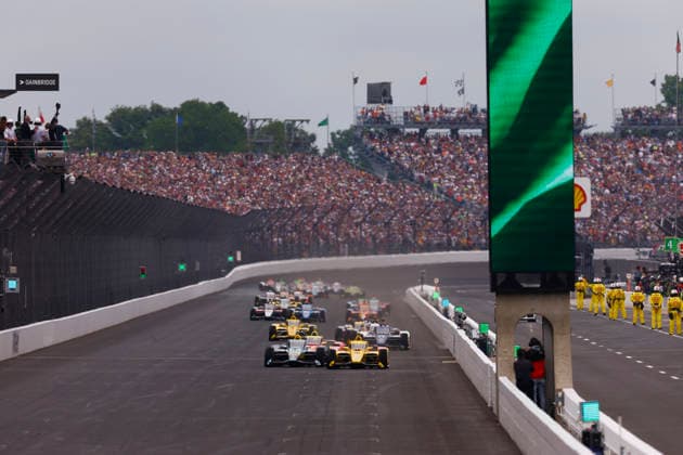 INDIANAPOLIS, IN - MAY 24: Pole Sitter Alex Palou, Alex Palou of the 10 DHL Chip Ganassi Racing Honda and Alexander Rossi, Alexander Rossi of the 20 ECR Java House Chevrolet lead the field to during the NTT IndyCar, Indy Car, IRL, USA Series Indianapolis 500 presented by Gainbridge on May 24, 2026 at Indianapolis Motor Speedway at the Indianapolis, IN. (Photo by Jeffrey Brown Icon Sportswire) AUTO: MAY 24 NTT IndyCar Series Indianapolis 500 presented by Gainbridge EDITORIAL USE ONLY Icon052426028500