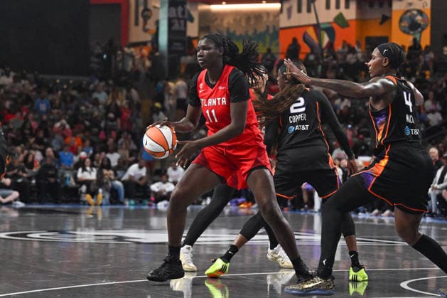 COLLEGE PARK, GA - MAY 24: Atlanta forward Madina Okot (11) looks to pass during the WNBA, Basketball Damen, USA game between the Phoenix Mercury and the Atlanta Dream on May 24th, 2026 at Gateway Center Arena in College Park, GA. (Photo by Rich von Biberstein Icon Sportswire) WNBA: MAY 24 Phoenix Mercury at Atlanta Dream EDITORIAL USE ONLY Icon260524044