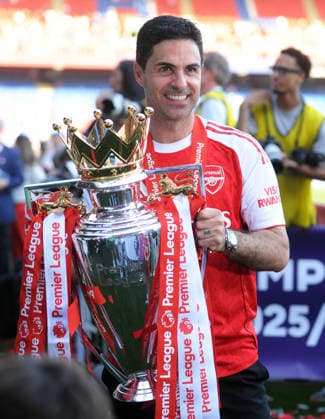 Football - 2025 2026 Premier League - Crystal Palace vs. Arsenal - Selhurst Park - Sunday 24th May 2026 Arsenal Manager, Mikel Arteta with the Premier League trophy 