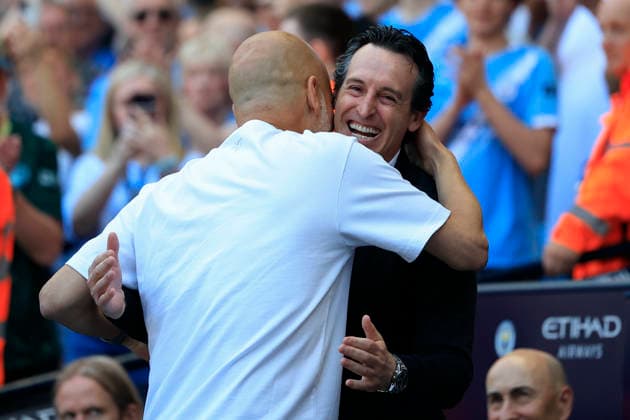 Manchester City v Aston Villa, Premier League Unai Emery the Aston Villa manager embraces Pep Guardiola the Manchester City manager ahead of the Premier League match between Manchester City and Aston Villa at the Etihad Stadium, Manchester, UK on 24 May 2026. Manchester Etihad Stadium Manchester UK Editorial use only DataCo restrictions apply See www.football-dataco.com , Copyright: xConorxMolloyx PSI-24291-0163
