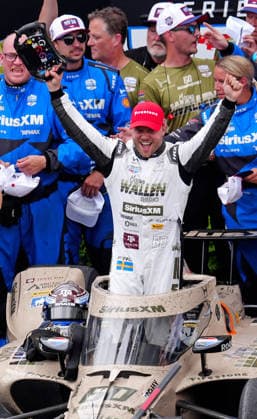 INDIANAPOLIS, IN - MAY 24: IndyCar, Indy Car, IRL, USA driver Felix Rosenqvist (60) reacts in victory lane to winning the 110th Running of the Indianapolis 500 on May 24, 2026, at the Indianapolis Motor Speedway in Indianapolis, Indiana. (Photo by Brian Spurlock Icon Sportswire) AUTO: MAY 24 NTT IndyCar Series Indianapolis 500 presented by Gainbridge EDITORIAL USE ONLY Icon26052450018