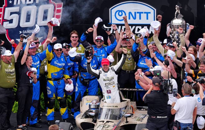 INDIANAPOLIS, IN - MAY 24: IndyCar, Indy Car, IRL, USA driver Felix Rosenqvist (60) reacts in victory lane to winning the 110th Running of the Indianapolis 500 on May 24, 2026, at the Indianapolis Motor Speedway in Indianapolis, Indiana. (Photo by Brian Spurlock Icon Sportswire) AUTO: MAY 24 NTT IndyCar Series Indianapolis 500 presented by Gainbridge EDITORIAL USE ONLY Icon26052450020