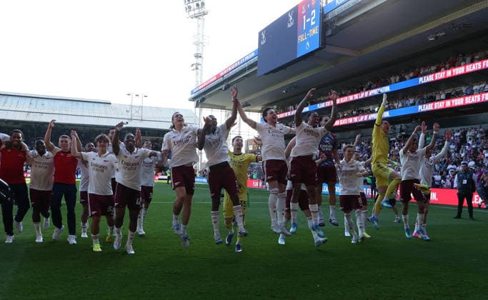 24th May 2026; Selhurst Park, Selhurst, London, England; Premier League Football, Crystal Palace versus Arsenal; Arsenal players celebrate winning the Premier League in front of their fans after the match KatiexChan