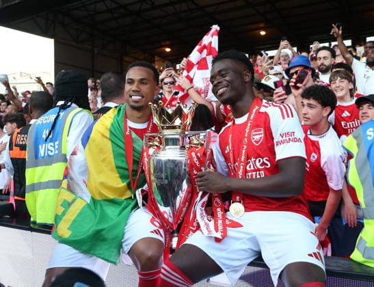 24th May 2026; Selhurst Park, Selhurst, London, England; Premier League Football, Crystal Palace versus Arsenal; Gabriel and Bukayo Saka of Arsenal with the Premier League trophy KatiexChan
