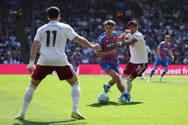 24th May 2026; Selhurst Park, Selhurst, London, England; Premier League Football, Crystal Palace versus Arsenal; Justin Devenny of Crystal Palace and Piero Hincapie of Arsenal KatiexChan