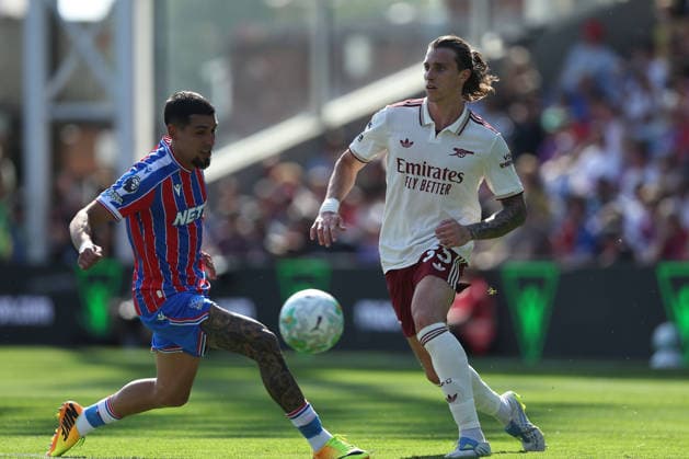 24th May 2026; Selhurst Park, Selhurst, London, England; Premier League Football, Crystal Palace versus Arsenal; Riccardo Calafiori of Arsenal takes on Daniel Munoz of Crystal Palace KatiexChan