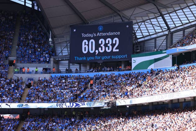 Fußball Premier League Manchester City gegen Aston Villa 24. Mai 2026 Premier League Manchester City gegen Aston Villa Nach der Eröffnung der neuen, erweiterten Nordtribüne werden 60.332 Zuschauer auf der großen Leinwand angezeigt. Foto Simon Stacpoole Offside Manchester UK  Copyright: xSimonxStacpoolexOffside