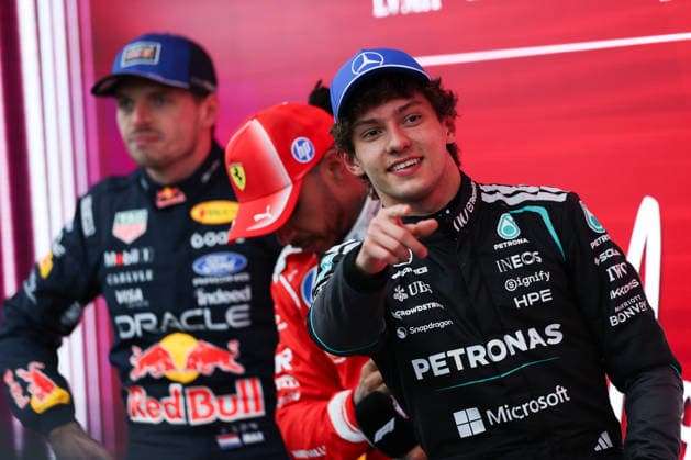 F1 Grand Prix of Canada MONTREAL, QUEBEC - MAY 24 : First place winner Kimi Antonelli of Italy and Mercedes-AMG Petronas F1 team gestures with second place winner Lewis Hamilton of Great Britain and Ferrari F1 team and third place winner Max Verstappen of the Netherlands and Oracle Red Bull Racing F1 team after F1 Grand Prix of Canada at Circuit Gilles Villeneuve in Montreal, Quebec, Canada on May 24, 2026. Mert Alper Dervis Anadolu Montreal Canada. Editorial use only. Please get in touch for any other usage.  Copyright: x2026xAnadoluxMertxAlperxDervisx