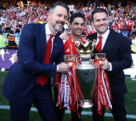 Arsenal co-chairman Josh Kroenke, manager Mikel Arteta, and non-executive director Ben Winston with the Premier League trophy Crystal Palace v Arsenal, Premier League, Football, Selhurst Park, London, UK - 24 May 2026London Selhurst Park United Kingdom EDITORIAL USE ONLY No use with unauthorised audio, video, data, fixture lists, club league logos or live services. Online in-match use limited to 120 images, no video emulation. No use in betting, games or single club league player publications. Copyright: xMichaelxZemanek Shutterstockx 16889837cp