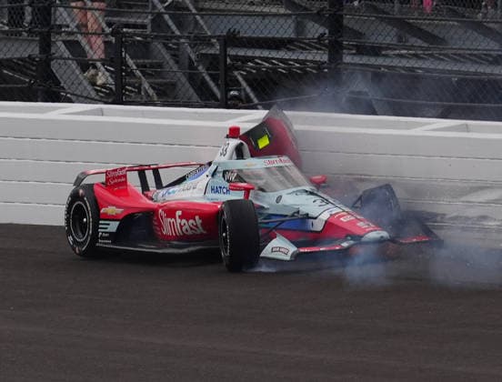 INDIANAPOLIS, IN - MAY 24: IndyCar, Indy Car, IRL, USA driver Ed Carpenter (33) crashes in turn one on a restart during the 110th Running of the Indianapolis 500 on May 24, 2026, at the Indianapolis Motor Speedway in Indianapolis, Indiana. (Photo by Brian Spurlock Icon Sportswire) AUTO: MAY 24 NTT IndyCar Series Indianapolis 500 presented by Gainbridge EDITORIAL USE ONLY Icon26052450040
