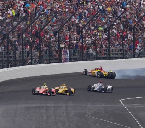 INDIANAPOLIS, IN - MAY 24: IndyCar, Indy Car, IRL, USA driver Josef Newgarden (2) crashes in turn four on a restart during the 110th Running of the Indianapolis 500 on May 24, 2026, at the Indianapolis Motor Speedway in Indianapolis, Indiana. (Photo by Brian Spurlock Icon Sportswire) AUTO: MAY 24 NTT IndyCar Series Indianapolis 500 presented by Gainbridge EDITORIAL USE ONLY Icon26052450043