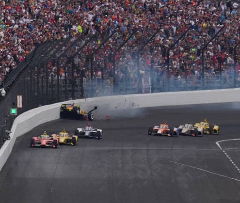 INDIANAPOLIS, IN - MAY 24: IndyCar, Indy Car, IRL, USA driver Josef Newgarden (2) crashes in turn four on a restart during the 110th Running of the Indianapolis 500 on May 24, 2026, at the Indianapolis Motor Speedway in Indianapolis, Indiana. (Photo by Brian Spurlock Icon Sportswire) AUTO: MAY 24 NTT IndyCar Series Indianapolis 500 presented by Gainbridge EDITORIAL USE ONLY Icon26052450047